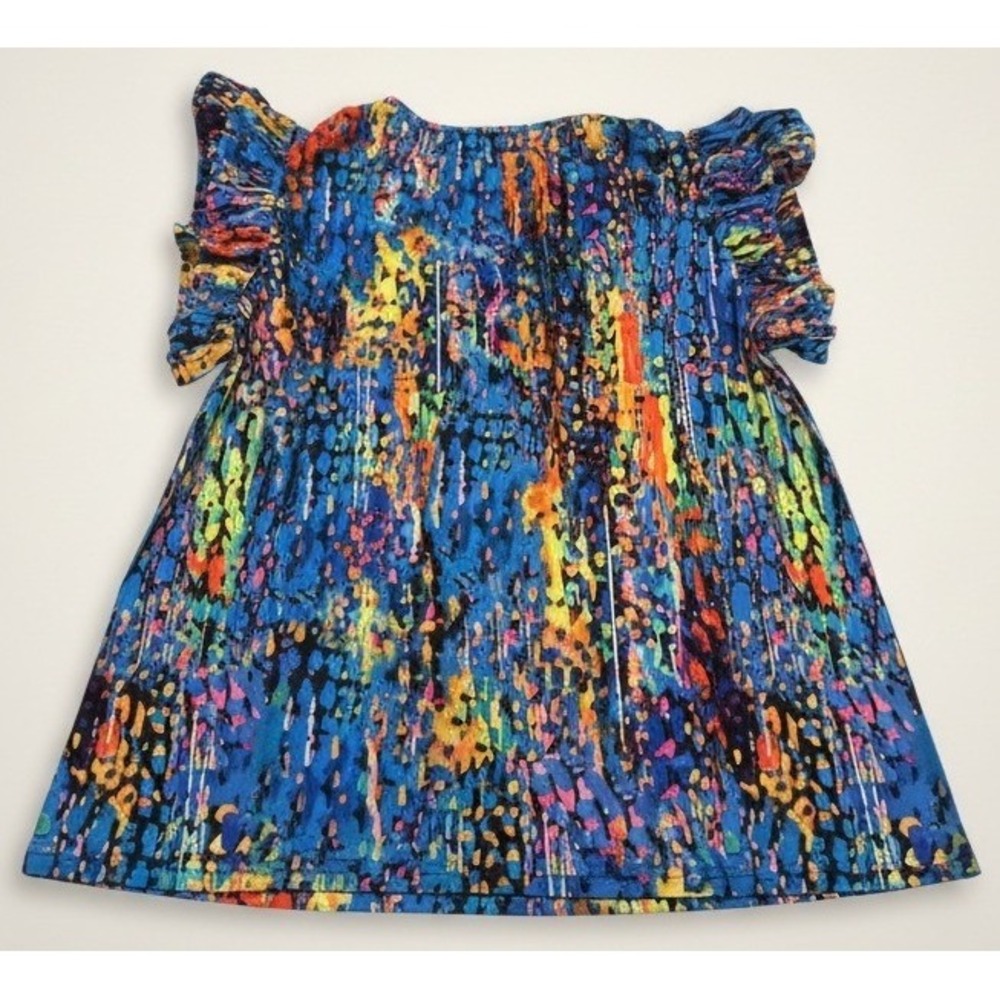 Southern Stitch Womens Multicolor Abstract Paint Splatter Ruffle‎ Sleeve Top M